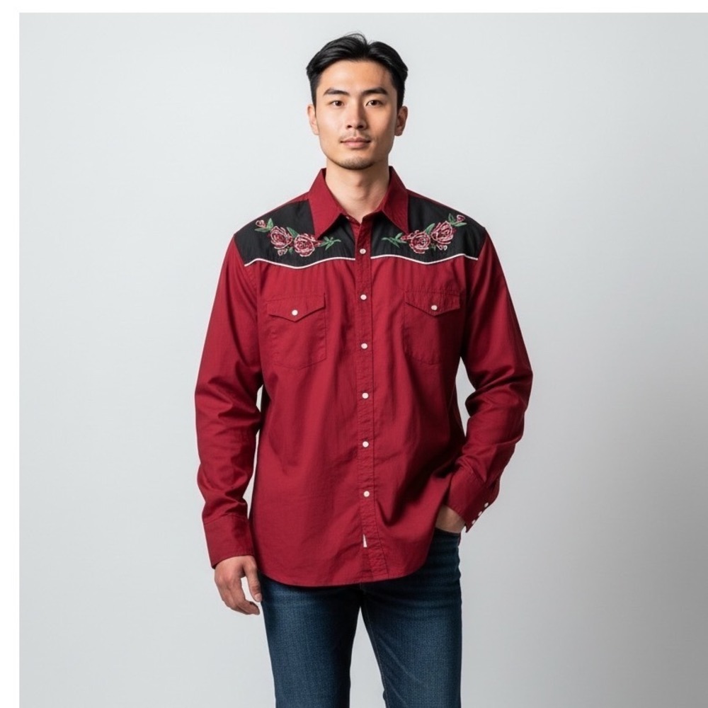 High Noon Mens 3XL Red Western Pearl Snap Shirt Rose Embroidered Black Yoke